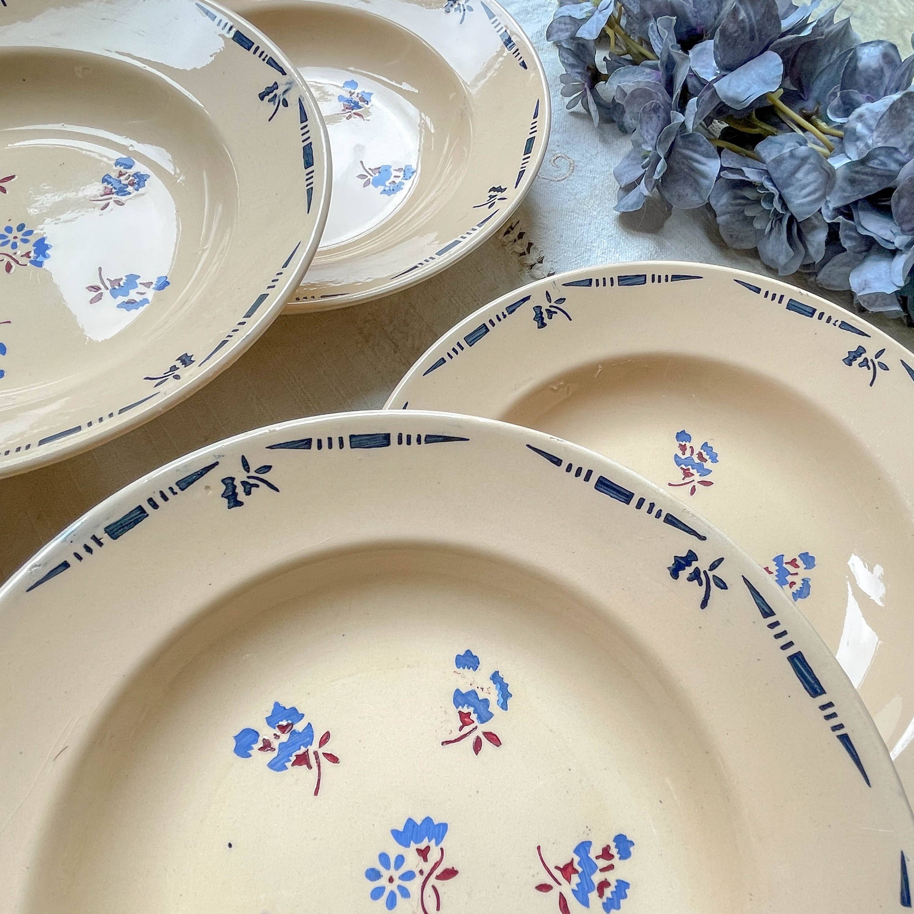 6 vintage K&G Luneville "Flore" porcelain soup plates, 1950s, small blue flowers