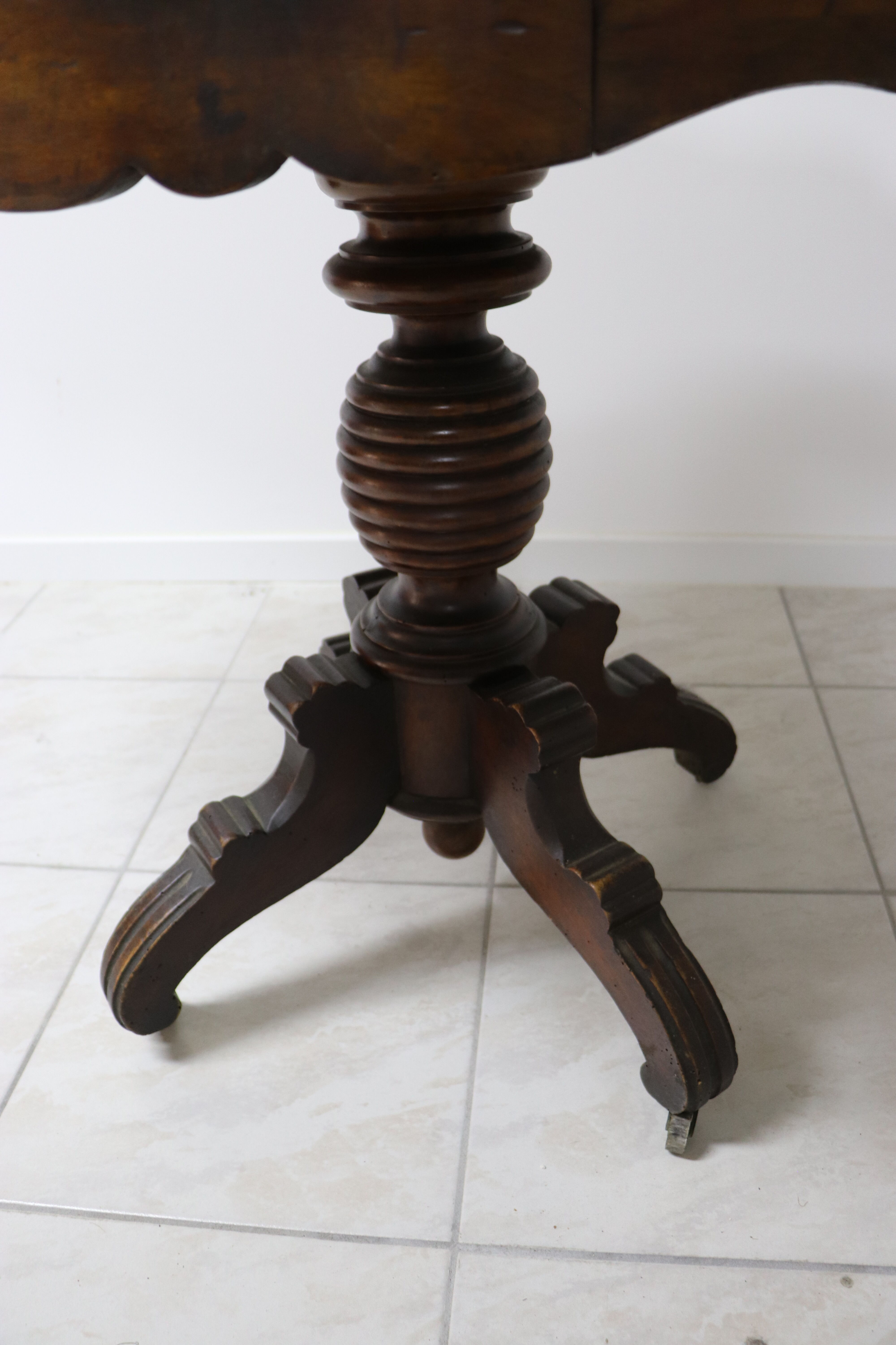 Art Deco wheeled table with 2 walnut drawers on white marble top