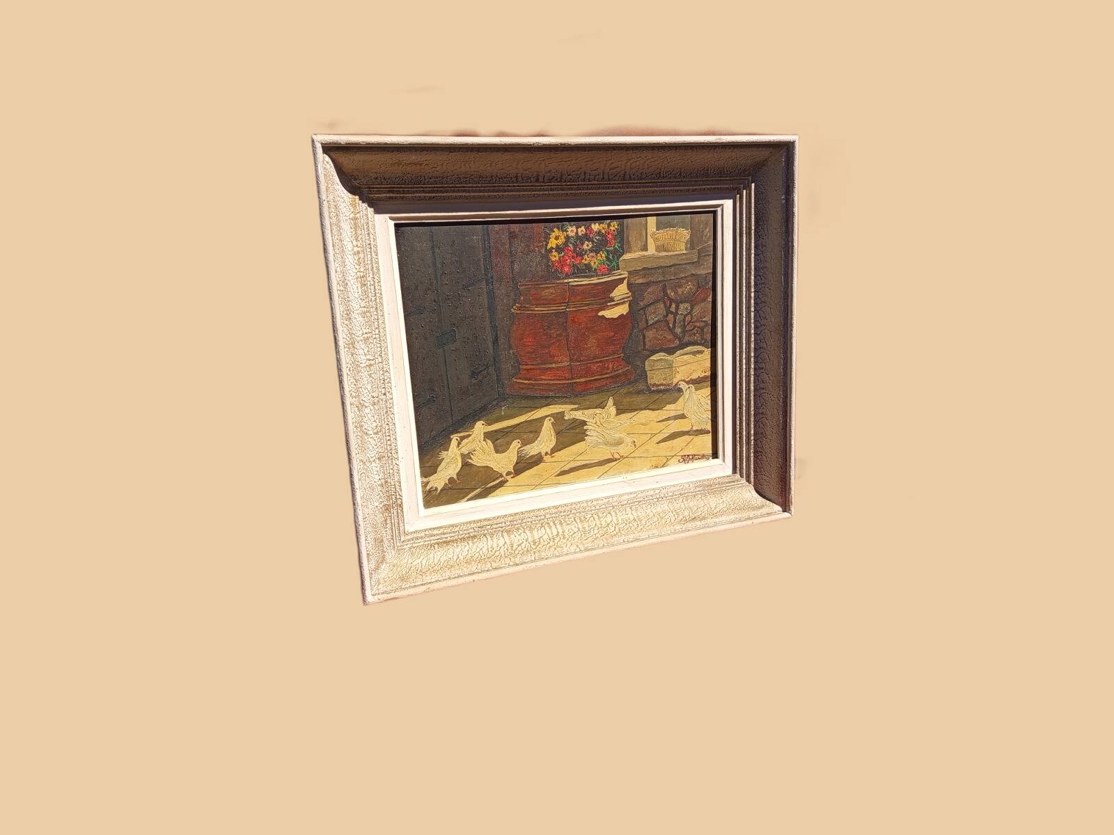 Signed Alphadery Painting – Doves in a Sunlit Courtyard, Antique Frame