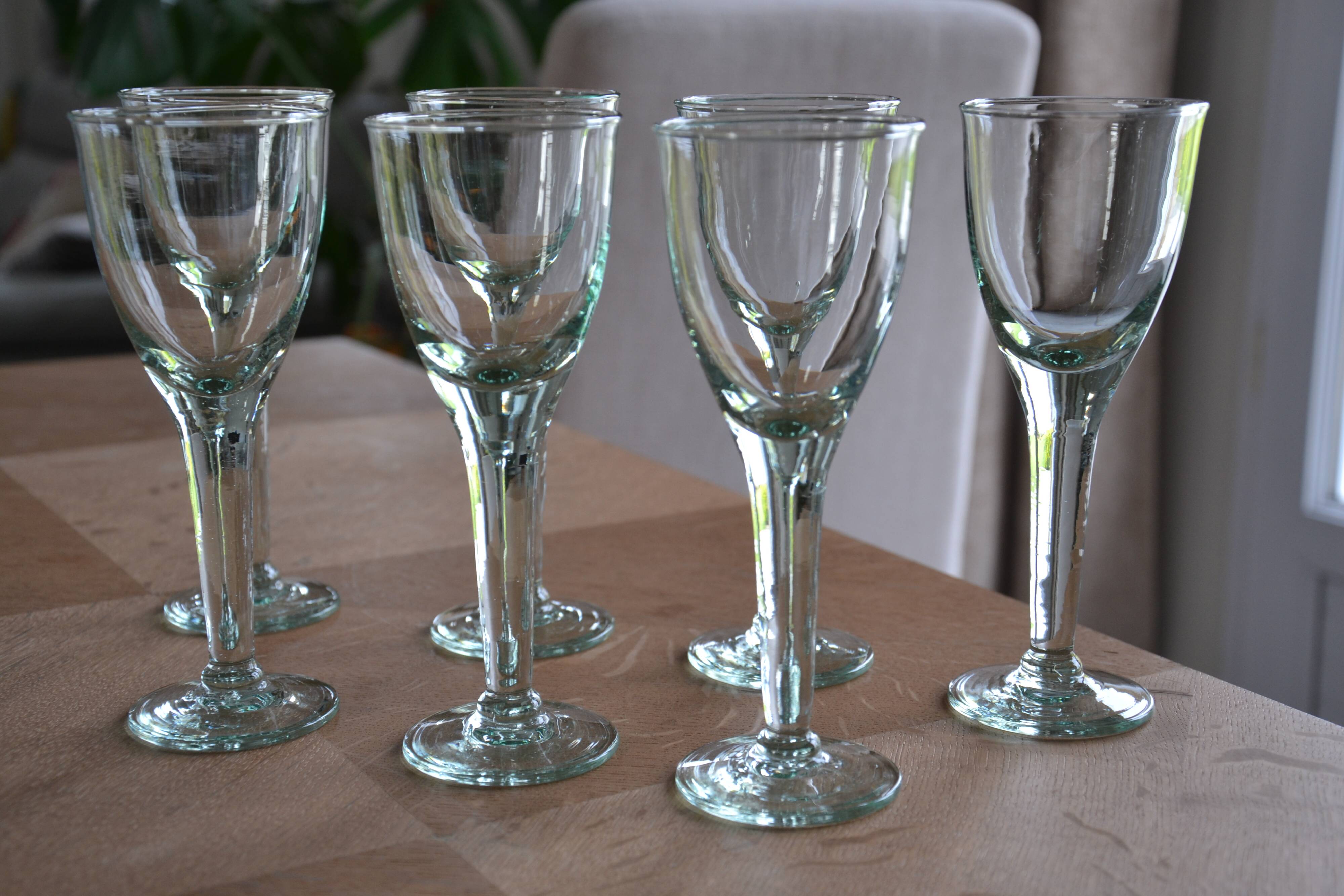 7 green blown glass bubble wine glasses