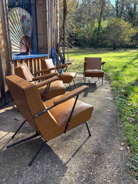 4 camel faux leather armchairs, 1950s