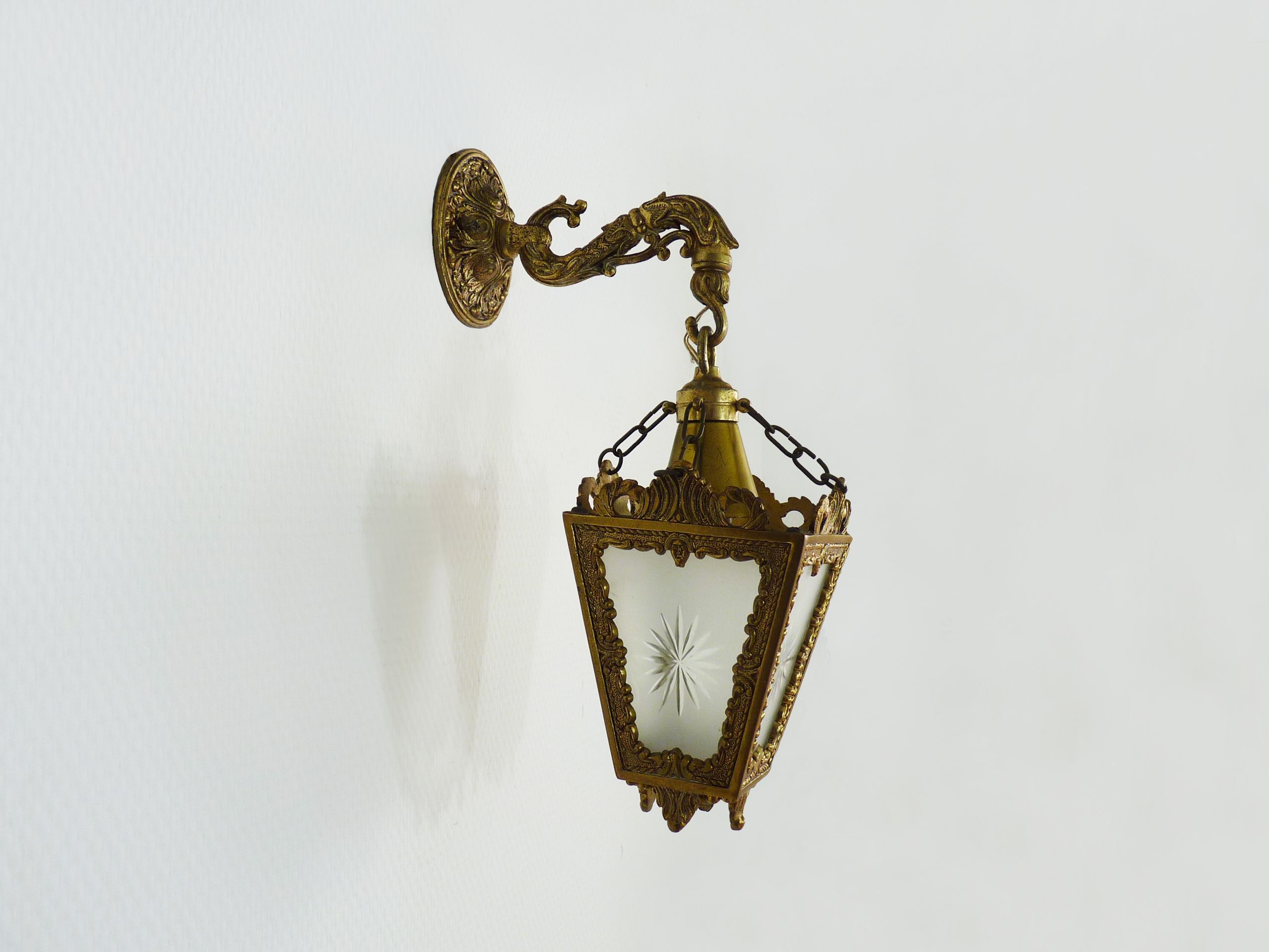 Bronze lantern wall sconce with 4 sides engraved glass