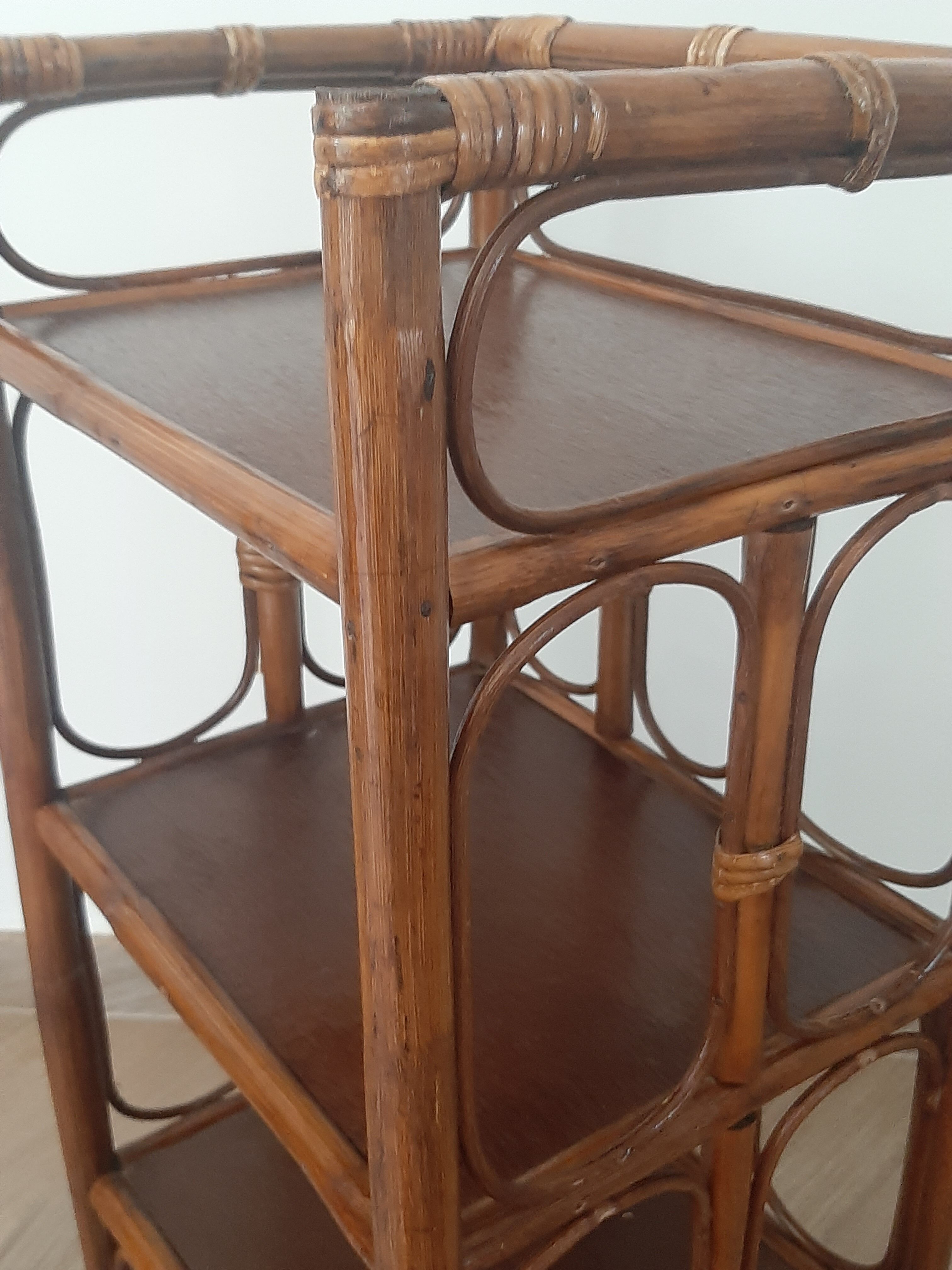 Vintage - set of 2 shelves of wooden floor, bamboo and rattan - 3 levels- retro 80s