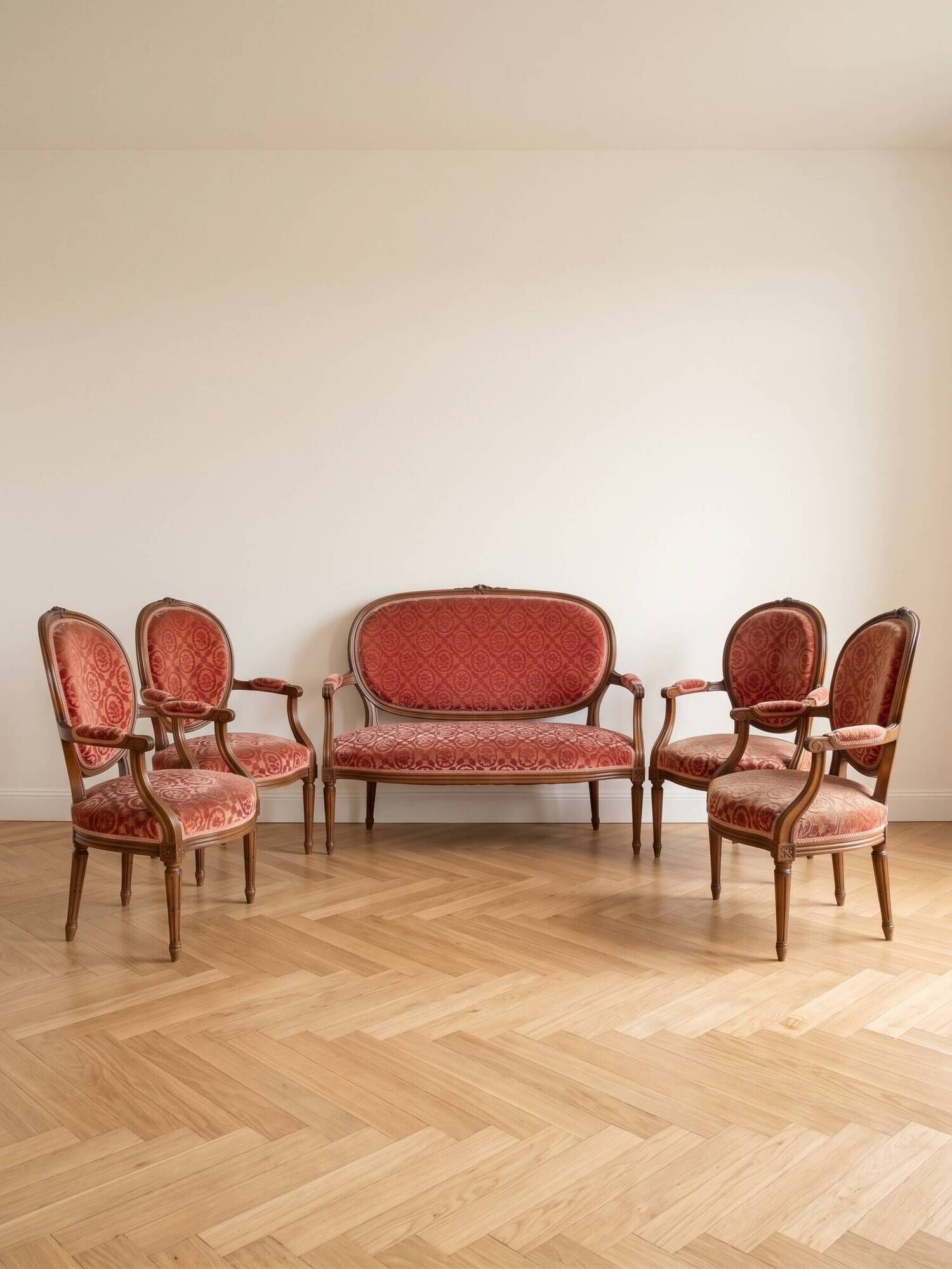 Louis XVI living room set: sofa and 4 armchairs in wood and pink velvet.