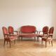 Louis XVI living room set: sofa and 4 armchairs in wood and pink velvet.