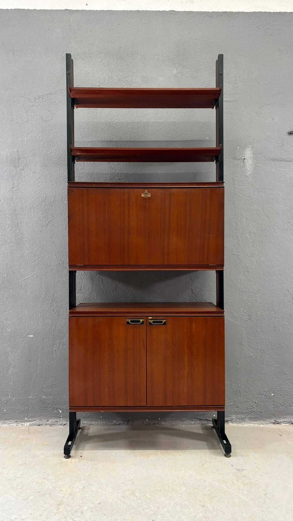 Unité murale modulaire moderne du milieu du siècle, cabinet de rangement en placage et métal noir, années 1960, Europe