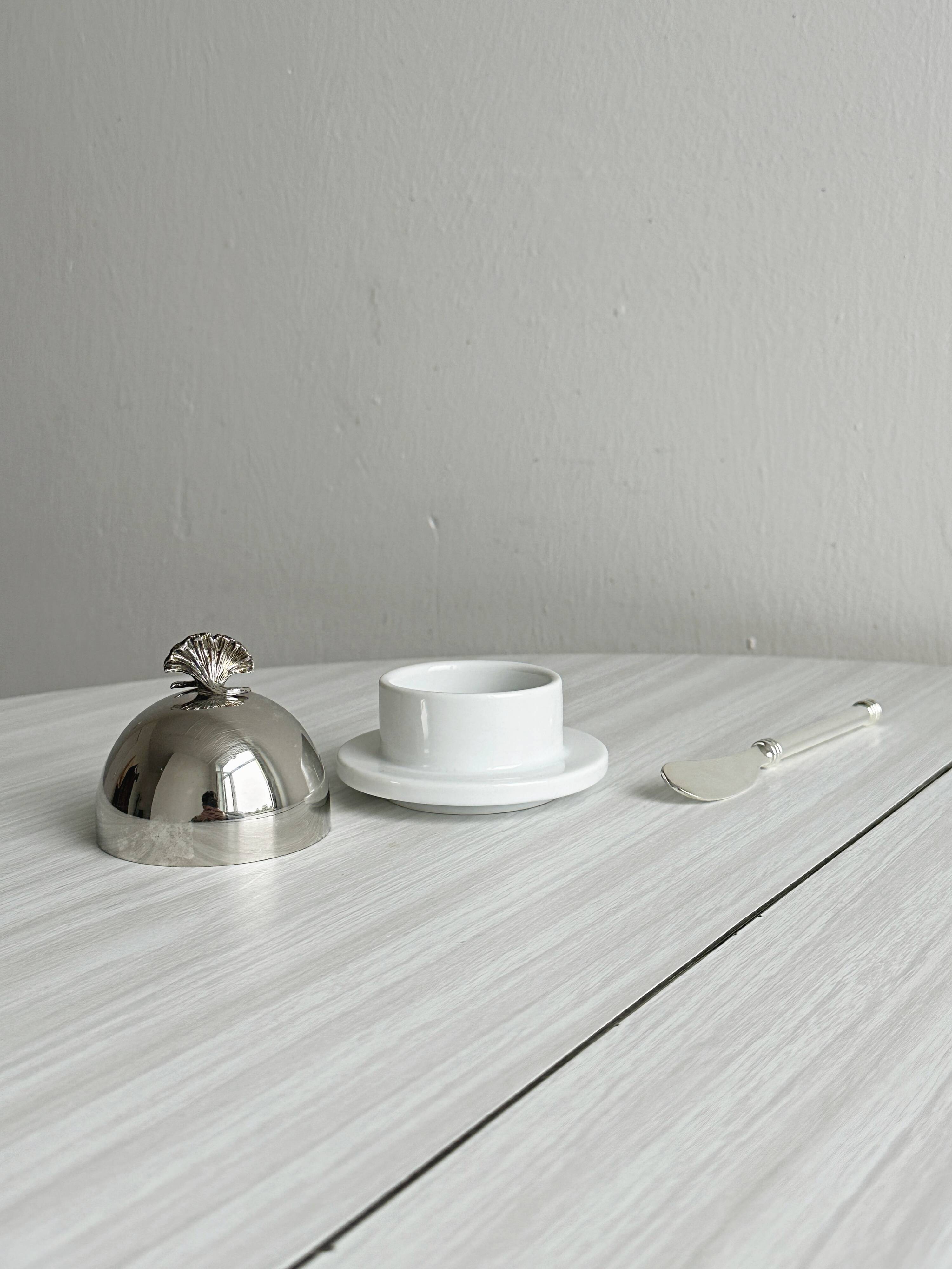 small butter dish sugar bowl porcelain and metal