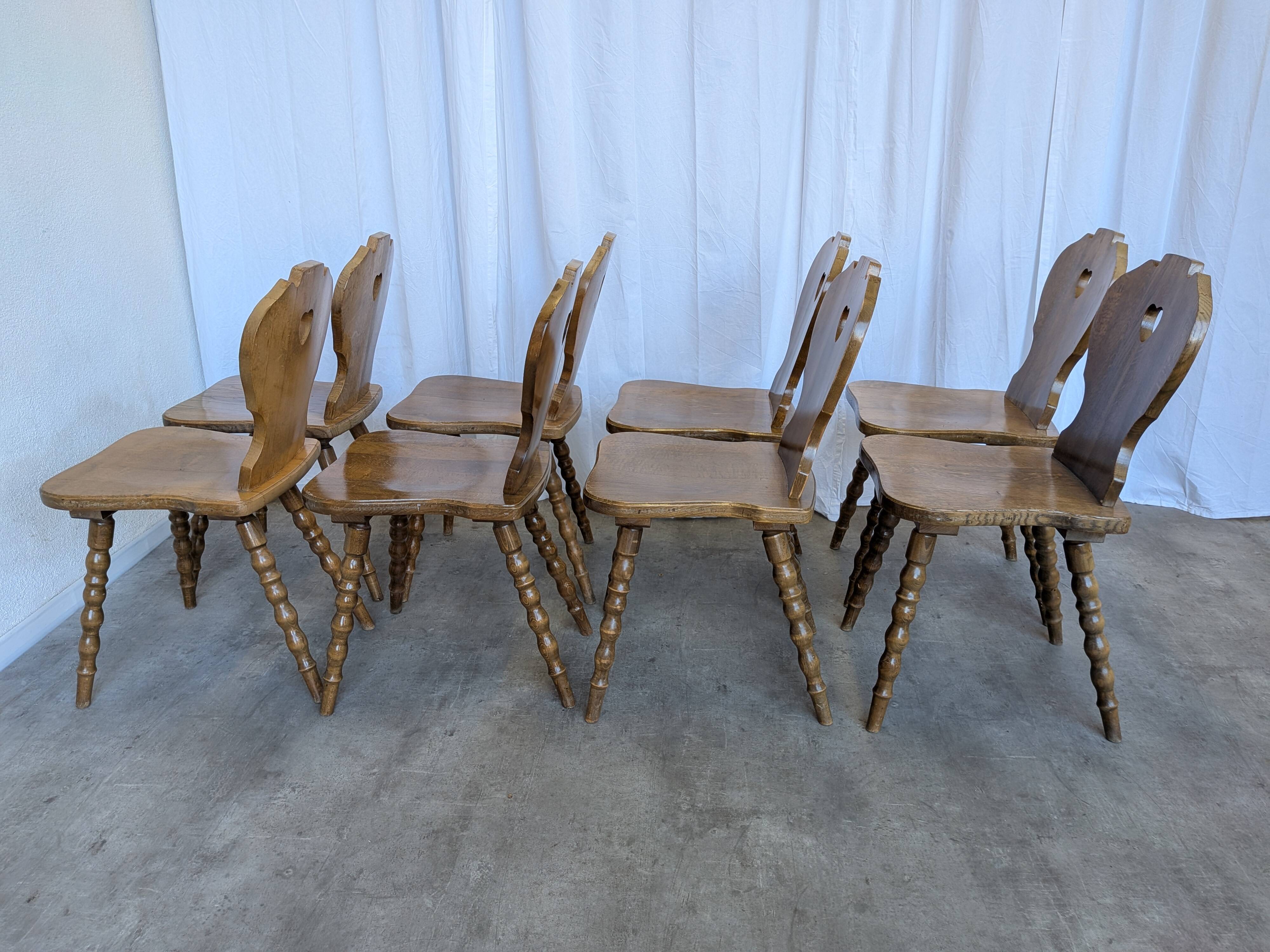 Set of 8 Vintage Tyrolean Heart Cutout Wooden Dining Chairs / Darker Brown