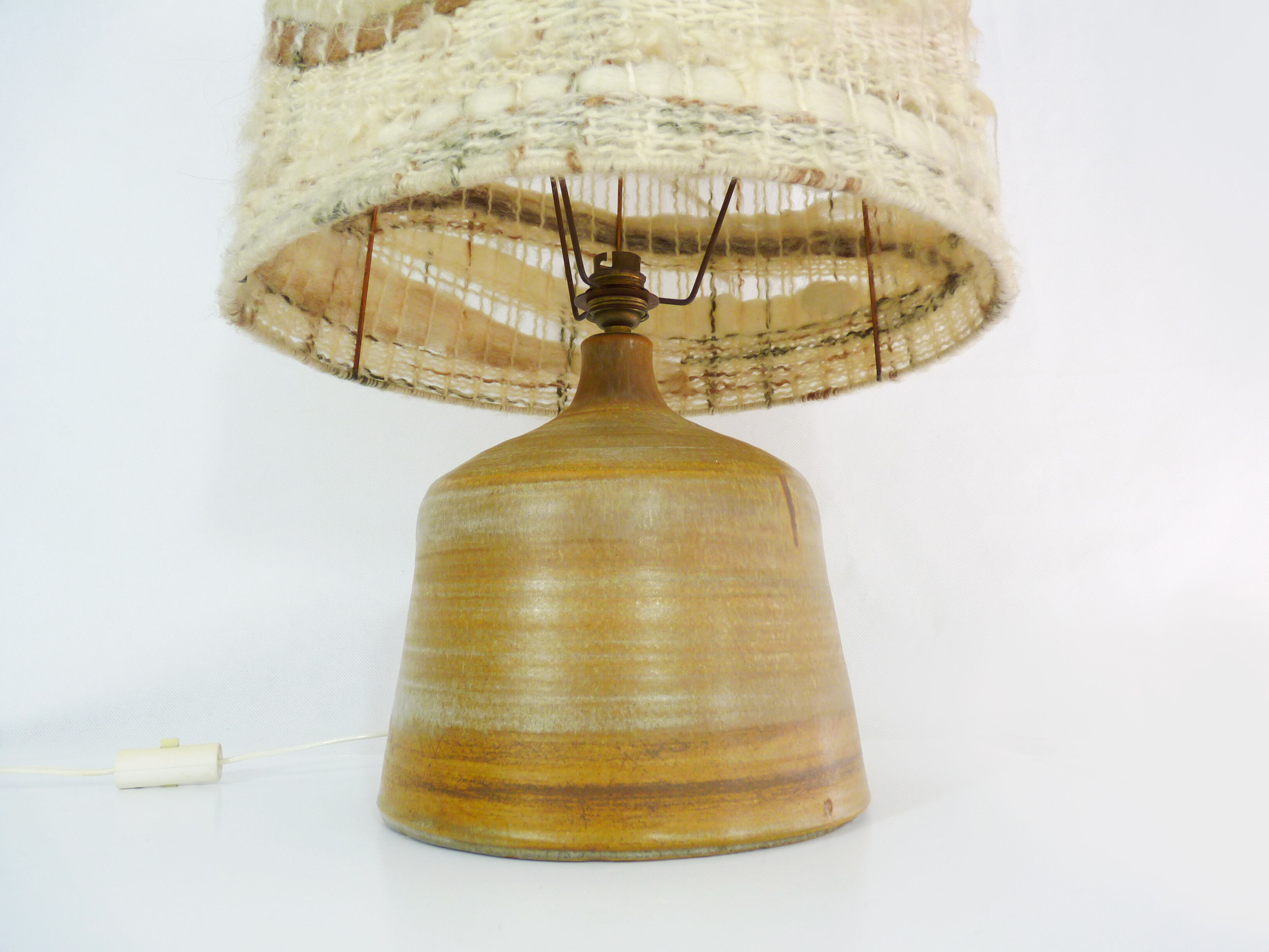 Vintage stoneware lamp and wool lampshade, year 60