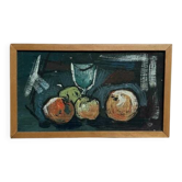 Huile sur panneau "Nature morte avec des fruits" par un artiste inconnu, vintage et encadrée 43×25cm