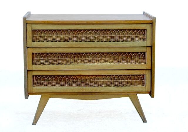 Vintage rattan chest of drawers 1950 1960 golden oak compass feet