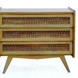 Vintage rattan chest of drawers 1950 1960 golden oak compass feet