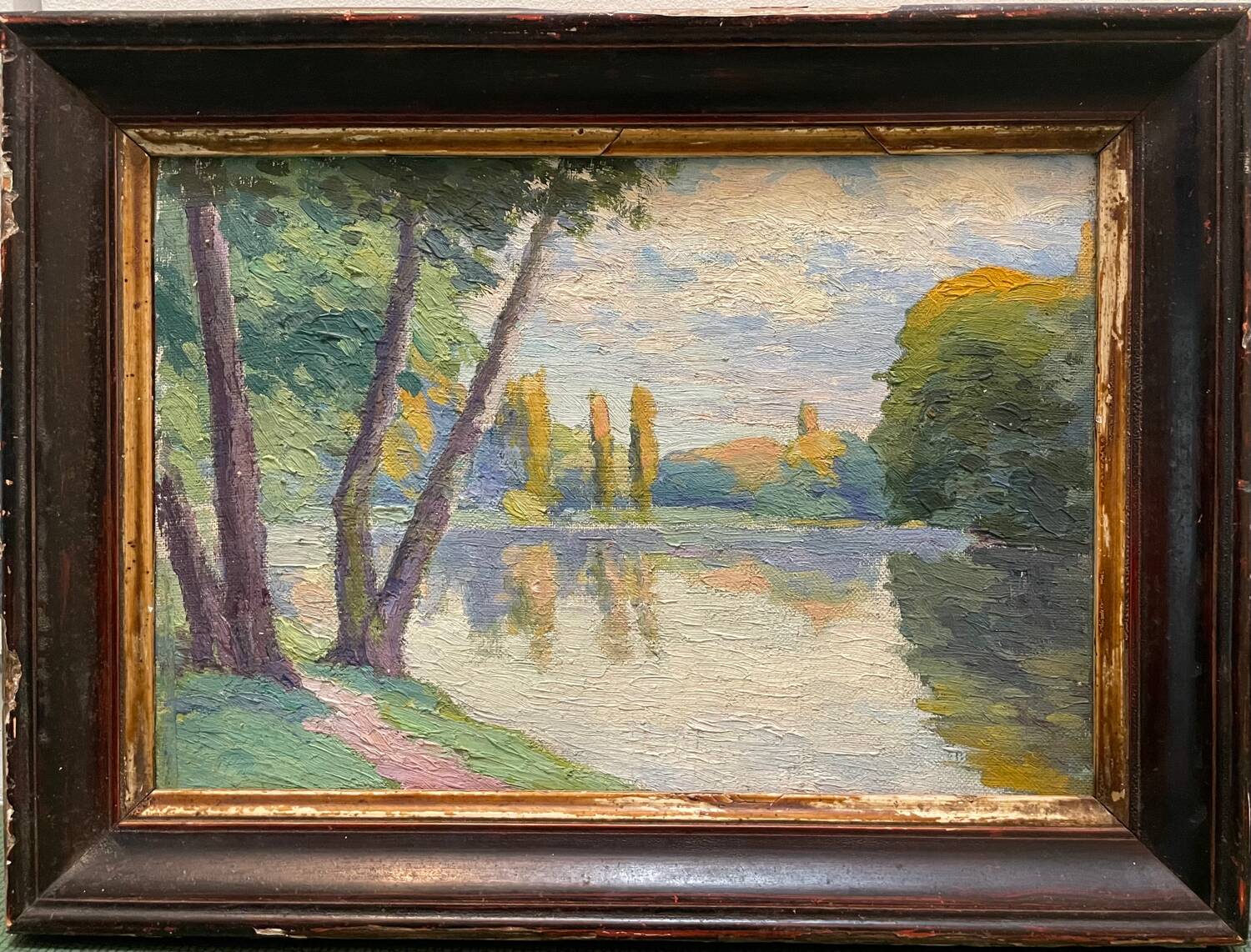 Antique painting, landscape study of reflections on water, 20th century