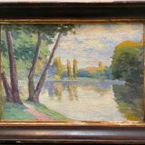 Antique painting, landscape study of reflections on water, 20th century