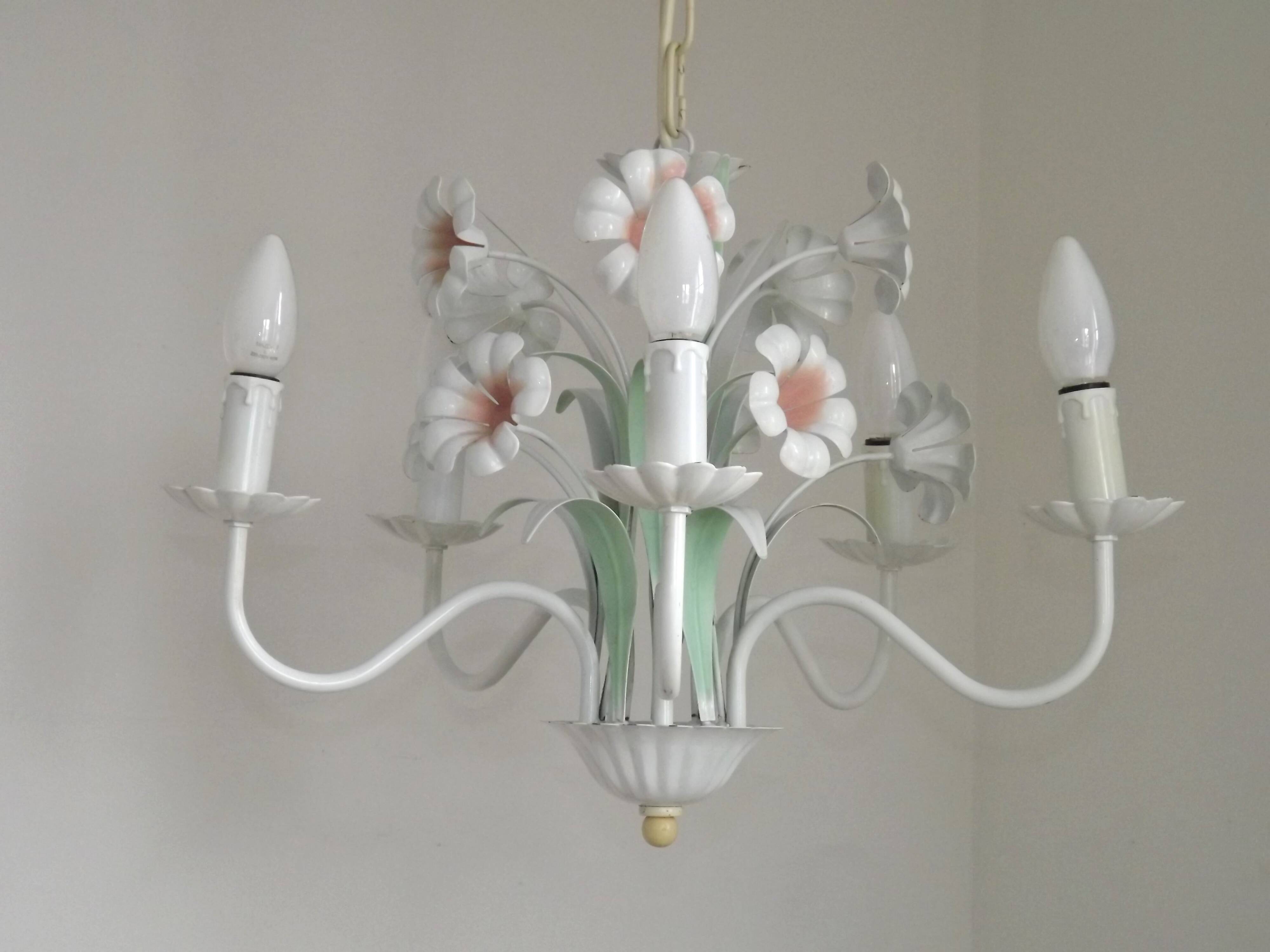 French Vintage 5 Light White Metal Chandelier With Pretty Pink Flowers