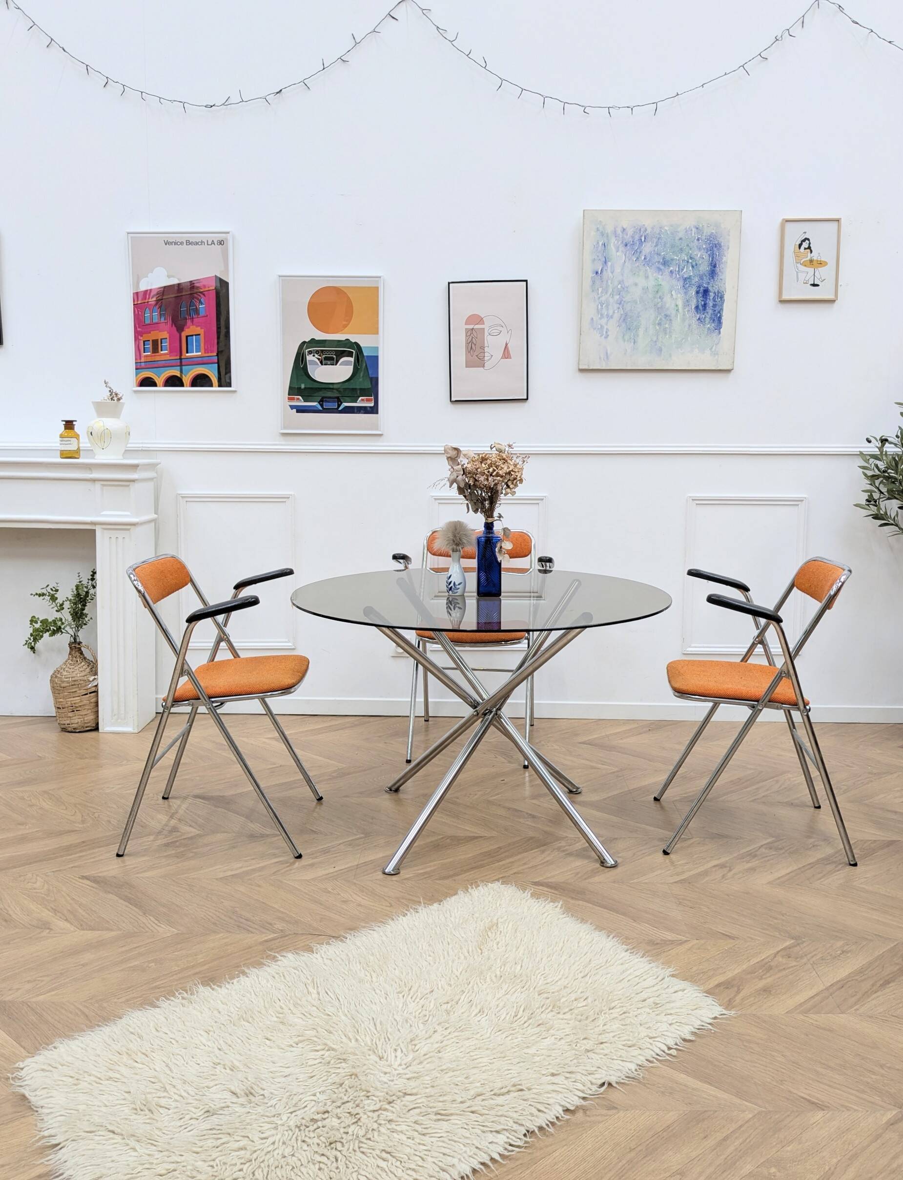 6 orange folding chairs
