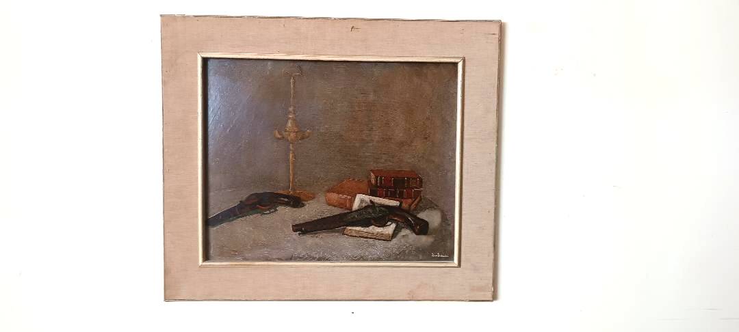 Oil painting on faesite books and lamp - signed 70s