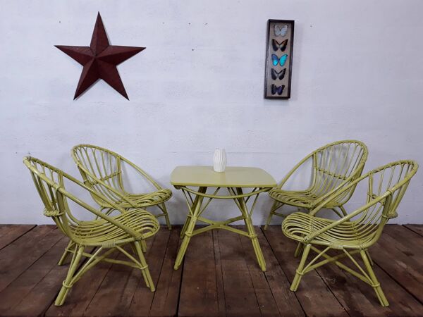 4 fauteuils En rotin Vintage Avec Table Basse rotin