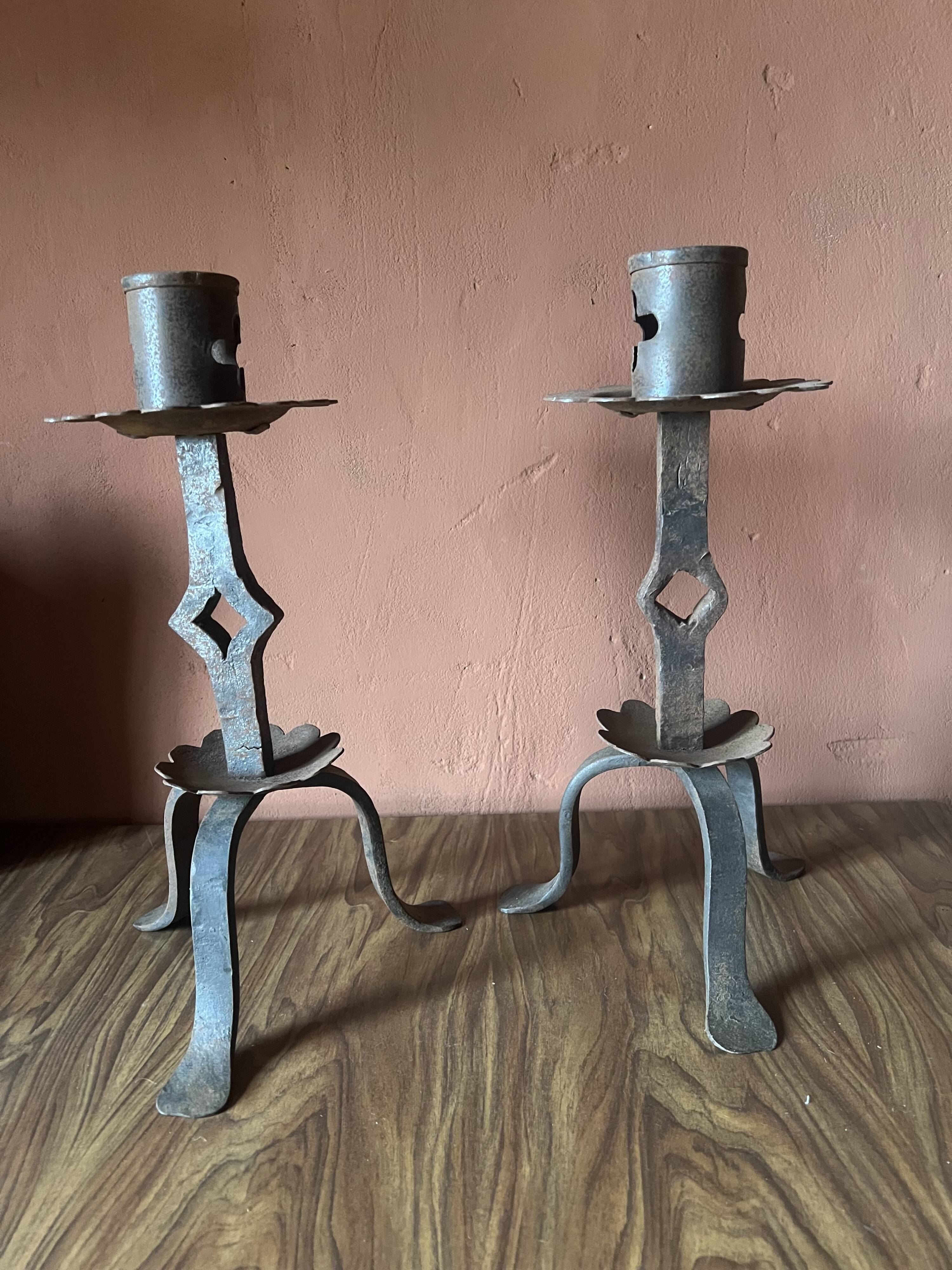 Pair of Antique French Wrought Iron Candlesticks