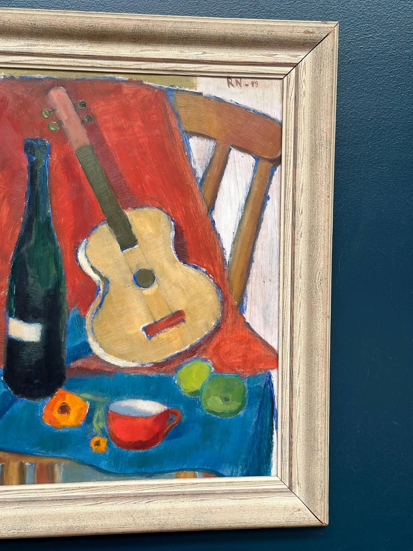 Swedish Oil on Canvas – “Still Life with Guitar and Wine Bottle”