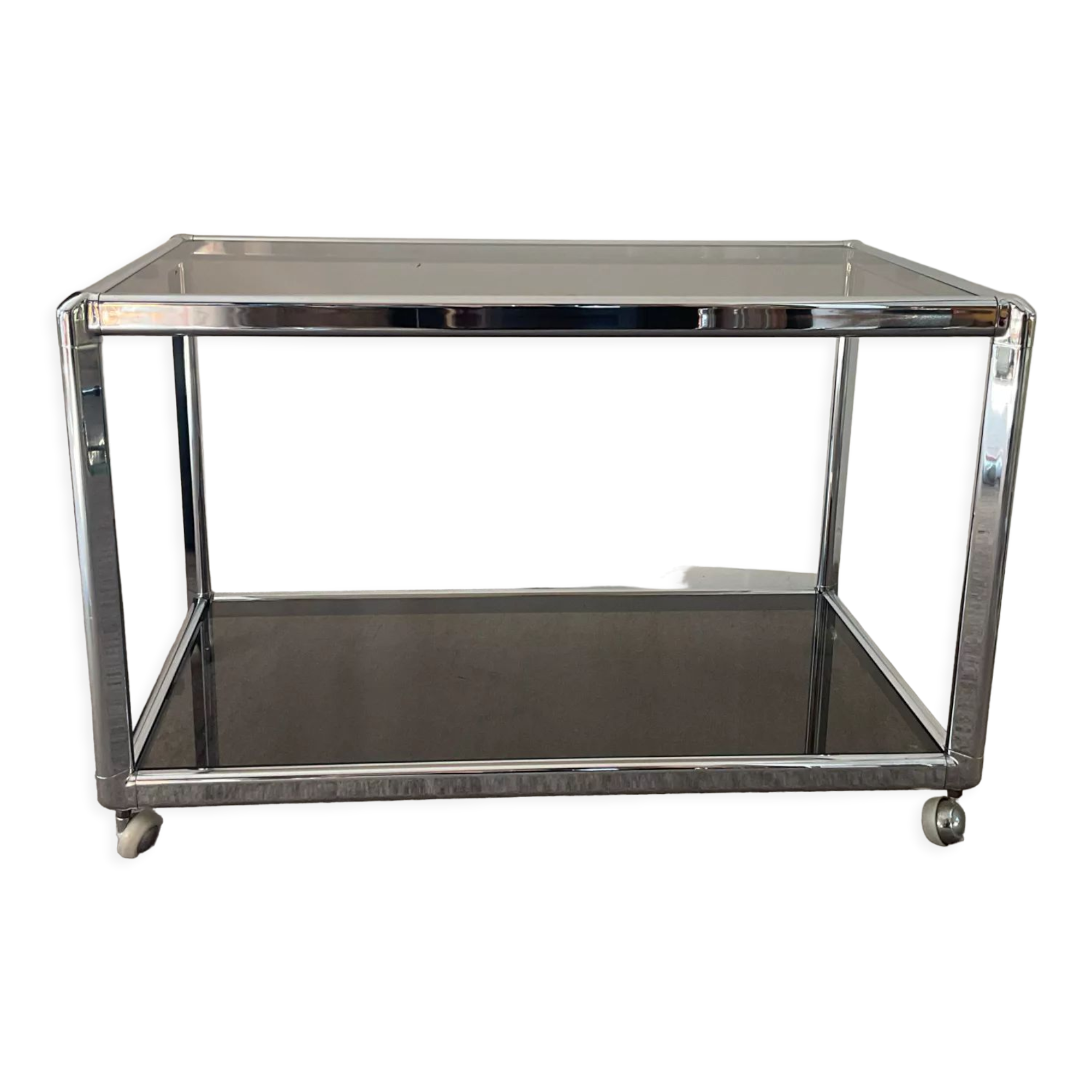 Vintage coffee table 70s chrome and smoked glass