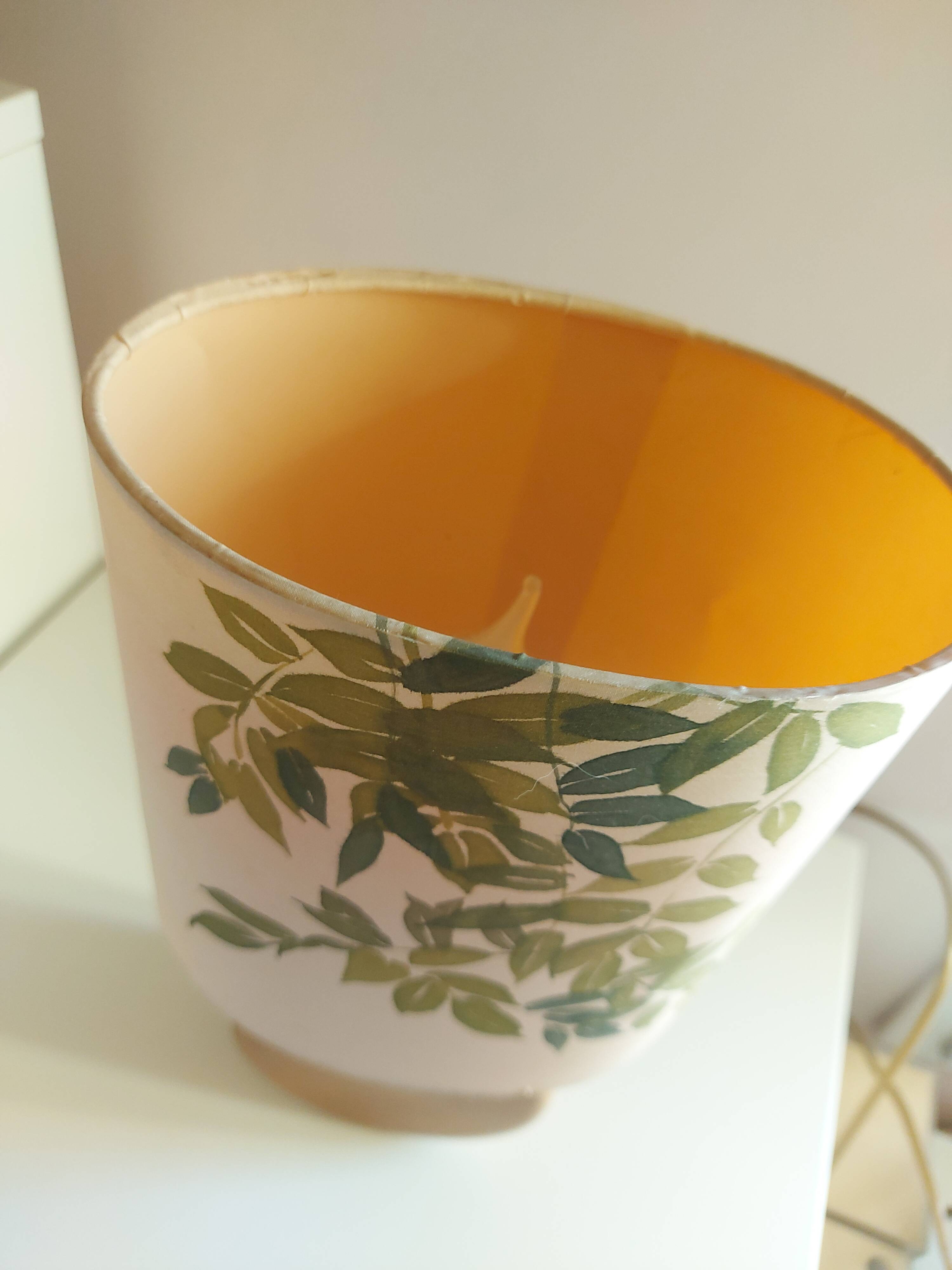 Wooden lamp with silk lampshade, hand painted, signed