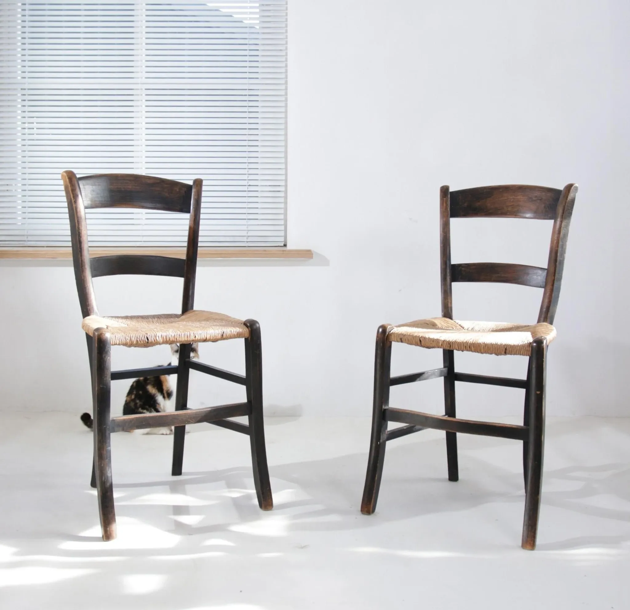 Set of 2 rustic French chairs with rush seats