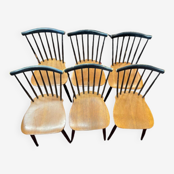 Suite de six chaises scandinaves a dossier barrettes style Tapiovaara vintage