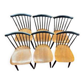 Set of six Scandinavian chairs with vintage Tapiovaara style bar backs