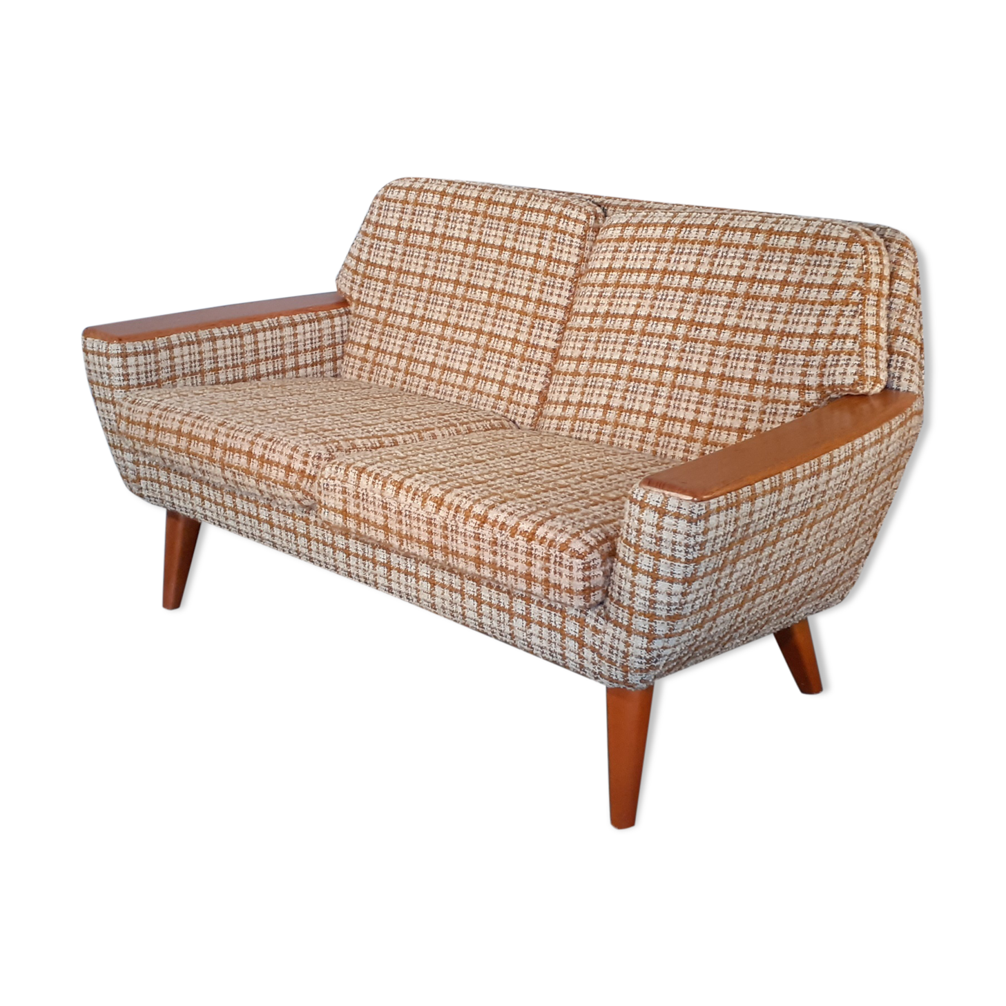2-seater sofa in teck and beige wool, vintage scandinavian 1960s