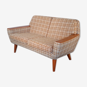 2-seater sofa in teck and beige wool, vintage scandinavian 1960s
