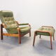 Vintage Scandinavian seventies G-møbel green leather lounge chair with ottoman
