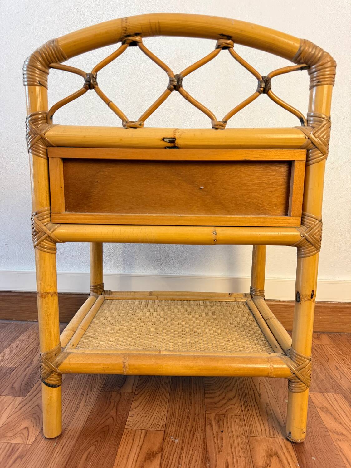 Pair of 1960s rattan bedside tables from France