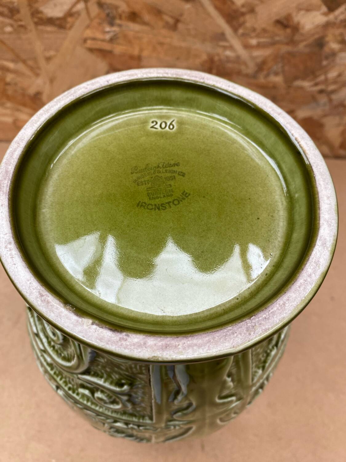 Antique ironstone vase green ceramic relief decor made in england vintage