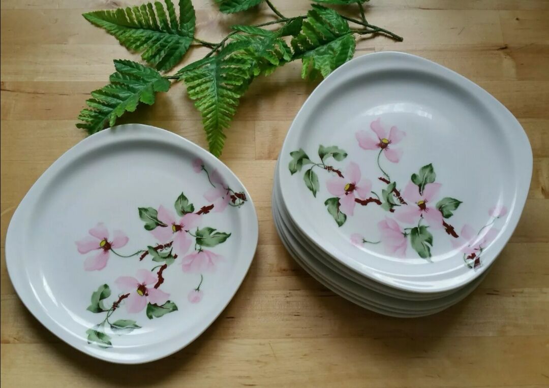 7 assiettes à dessert porcelaine fleurs roses