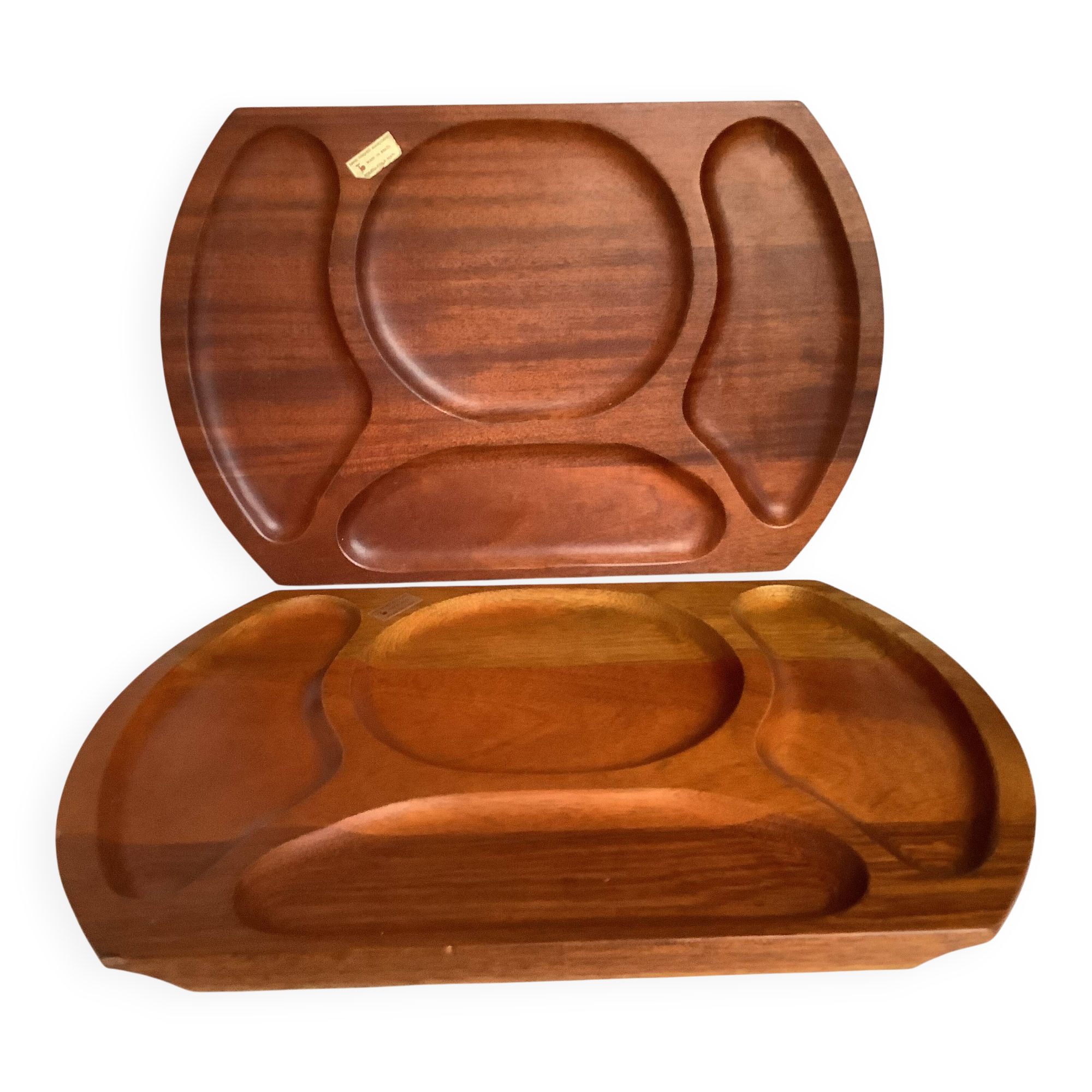 Pair of wooden snack meal trays with compartments.