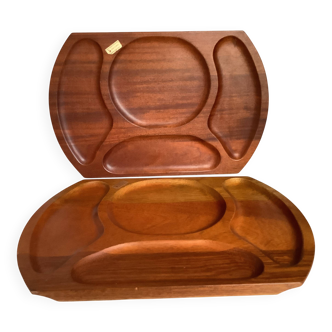 Pair of wooden snack meal trays with compartments.