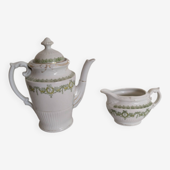 English porcelain coffee service, green and gold