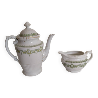 English porcelain coffee service, green and gold