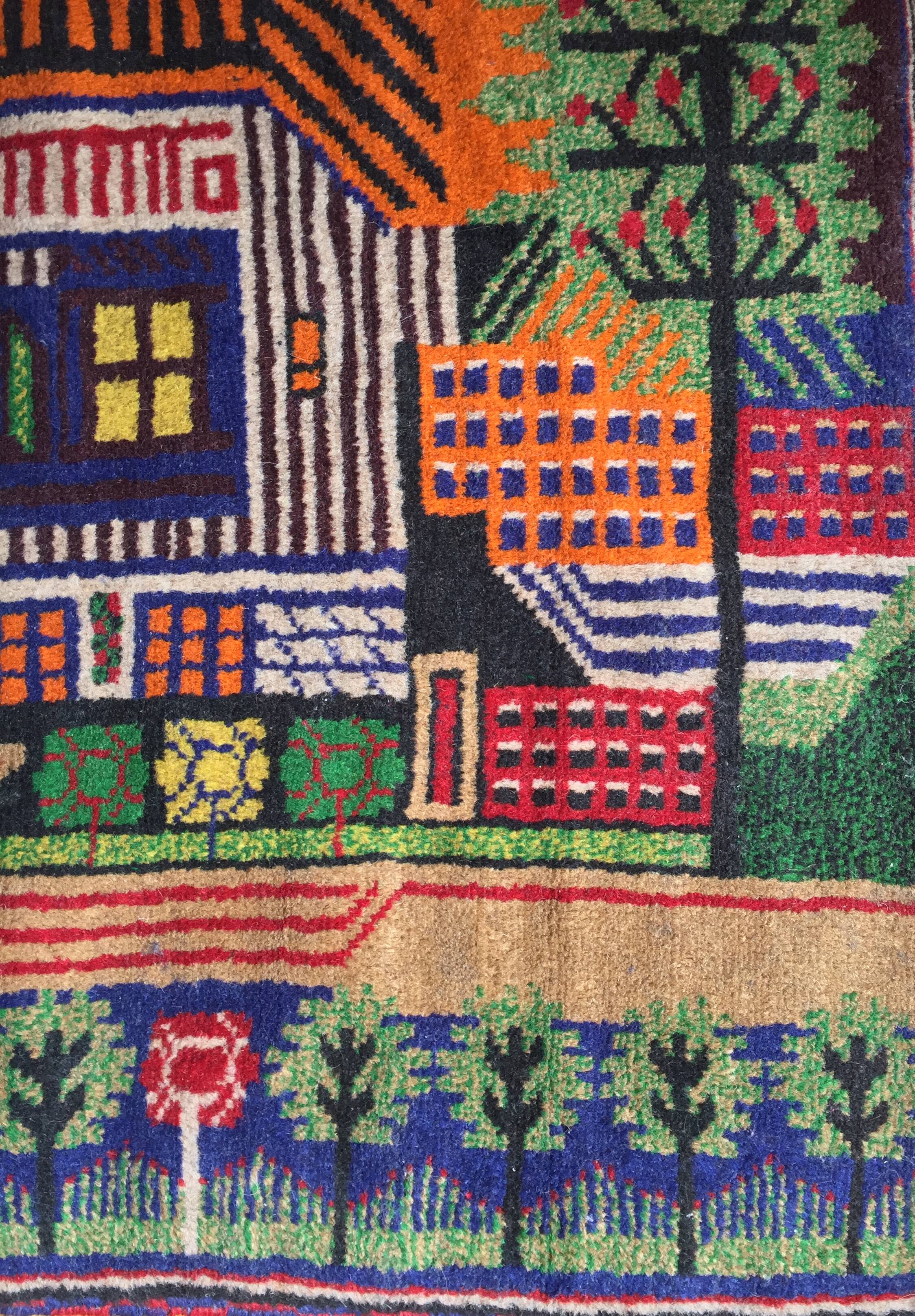 Afghan carpet 80s MOTIF VILLAGE IN PRINTEMPS 85x148cm