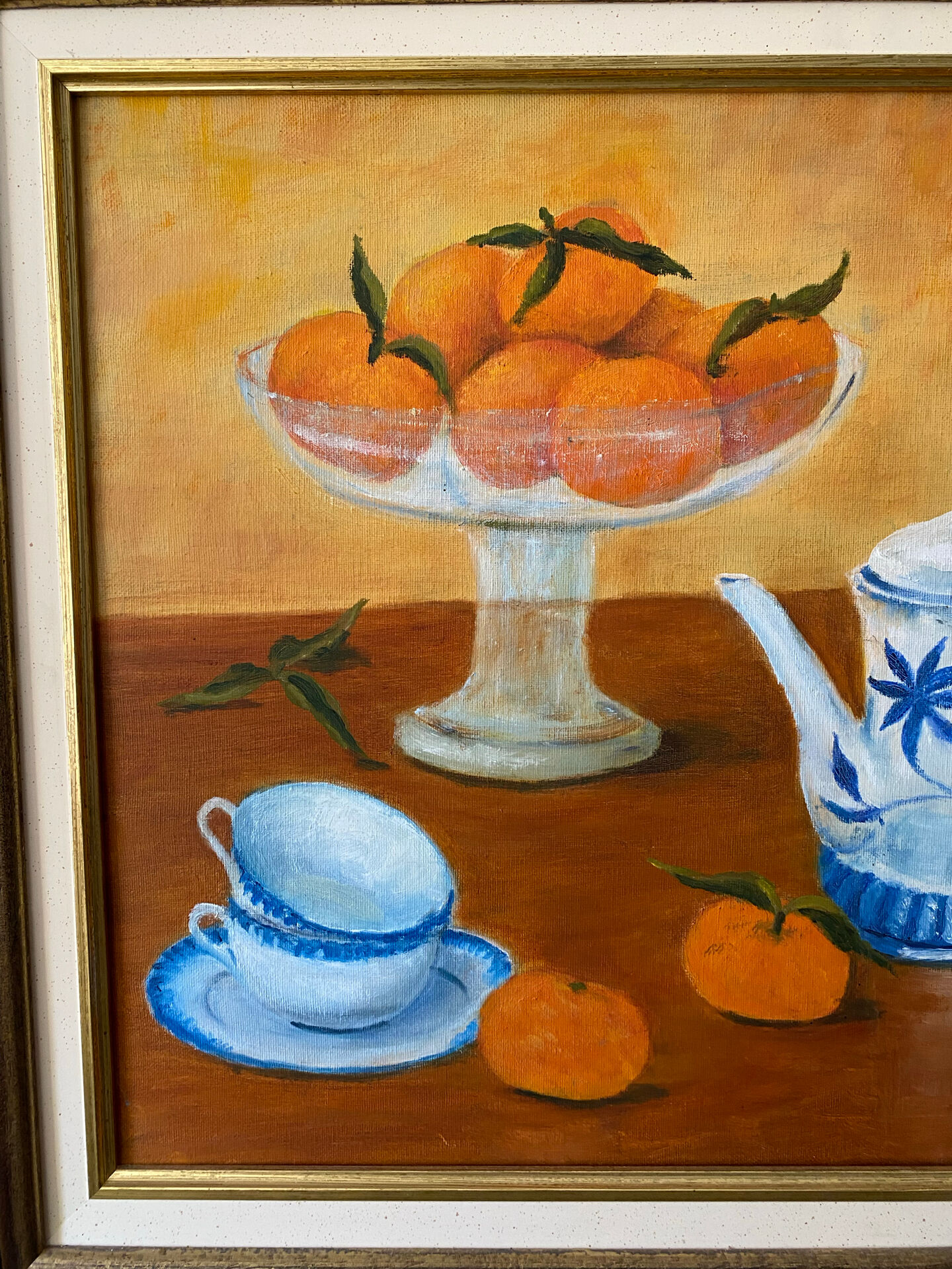 Still life with mandarins and blue pottery, oil on canvas