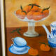 Still life with mandarins and blue pottery, oil on canvas