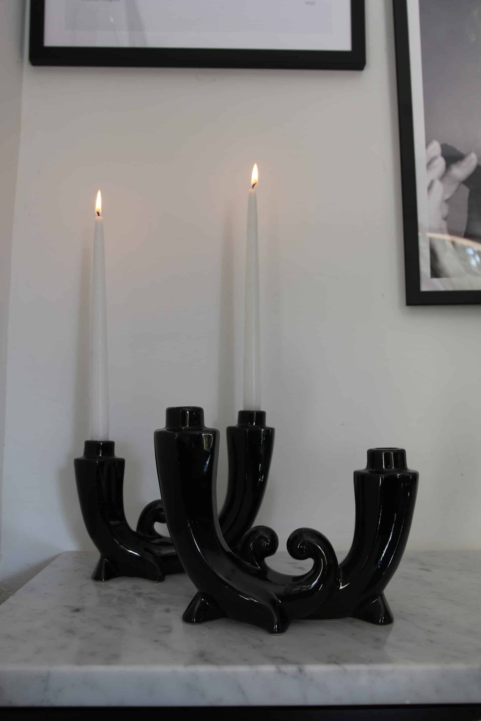 Pair of Art Deco candle holders in black ceramic