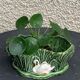 Pot cover in ceramic slurry glazed green pattern foliage and swan made in england numbered
