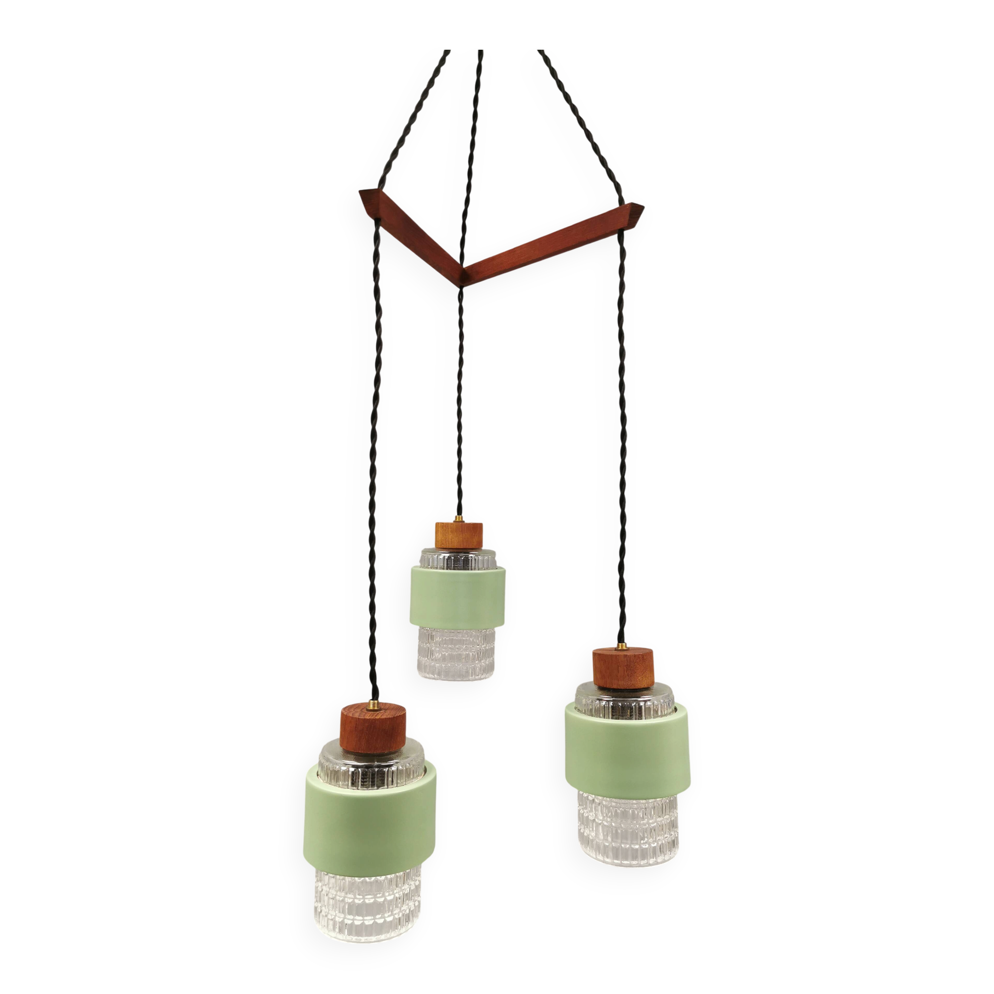 Three-part pendant in crystal glass, teak wood, and thin dusty green metal