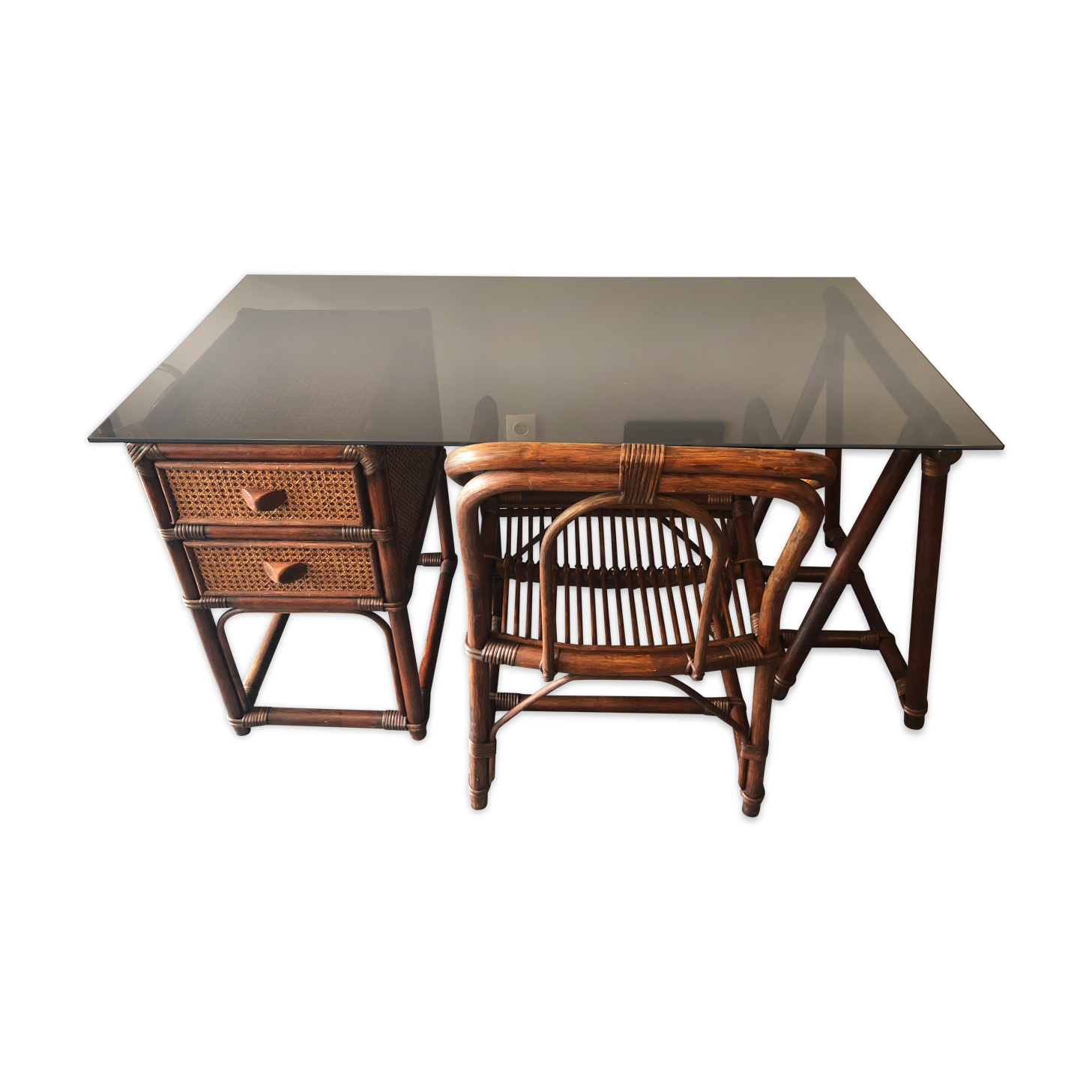 Bamboo desk and armchair, rattan 70s/80s
