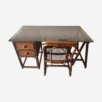 Bureau et fauteuil en bambou, rotin années 70/80