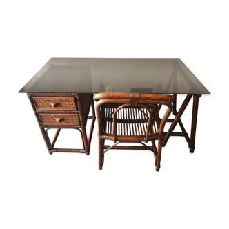 Bamboo desk and armchair, rattan 70s/80s