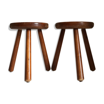Paire de tabourets tripode de berger en bois, années 1960