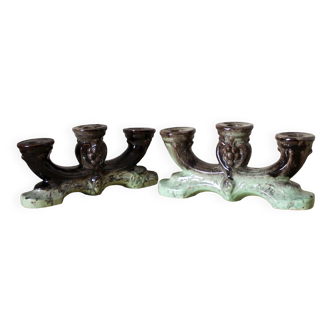 Pair of candlesticks 3 arms in glazed ceramic